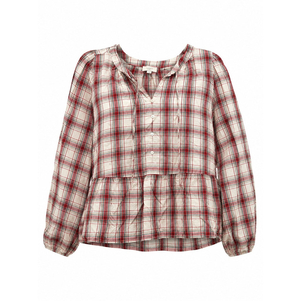 LOFT Outlet Womens Red Plaid Peplum Blouse Long Sleeve Tie Neck Rayon Top Large