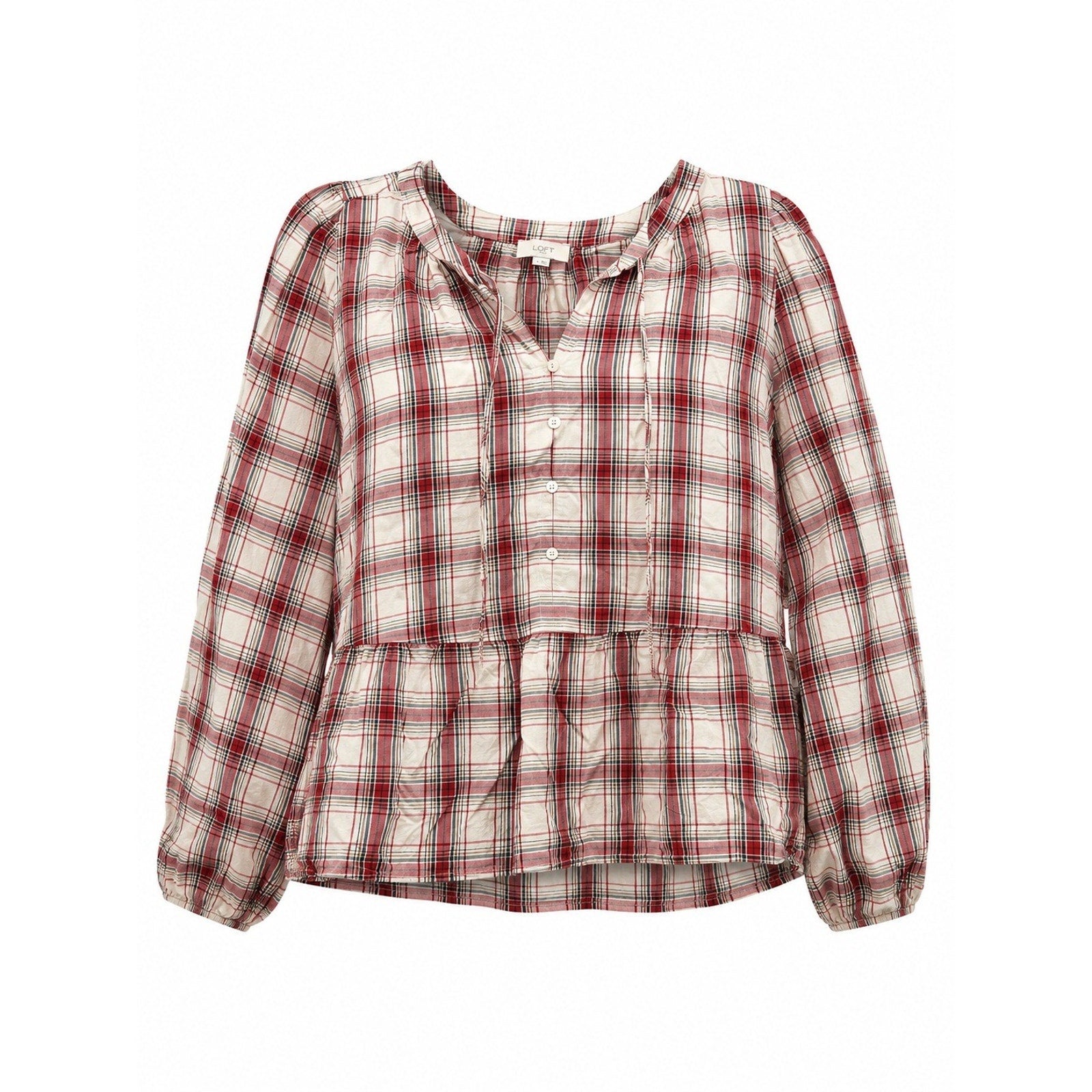 LOFT Outlet Womens Red Plaid Peplum Blouse Long Sleeve Tie Neck Rayon Top Large