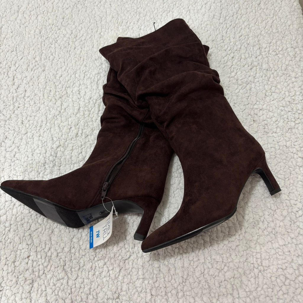 Time and Tru Womens 7 W Chocolate Brown Mid Slouch Boots Faux Suede Boho Western