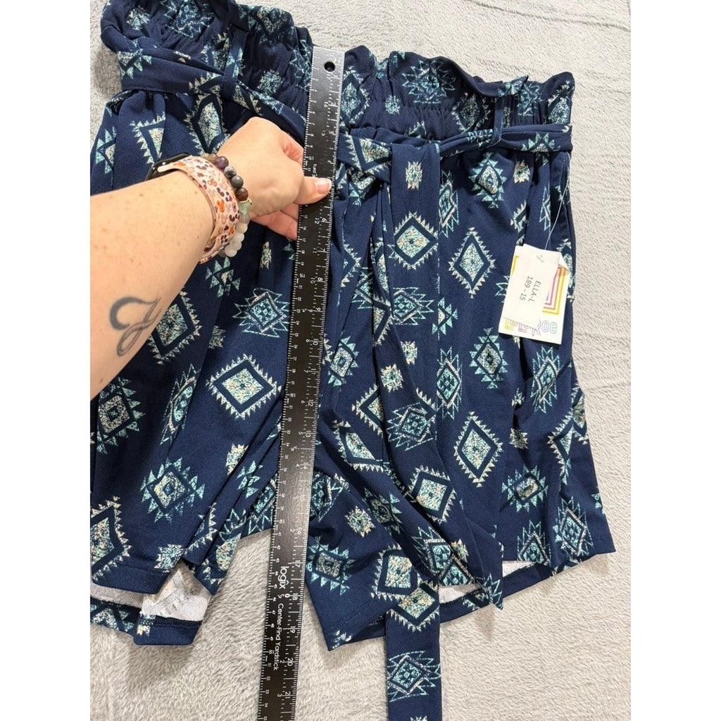 LuLaRoe Ella Shorts Womens Navy Geometric Southwestern Paperbag Waist Large NWT