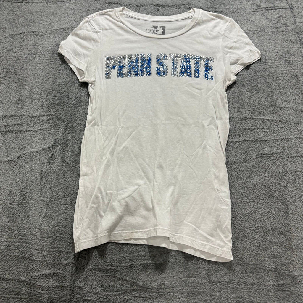 MJU Womens L White Penn State Rhinestone Graphic T-Shirt Casual Vintage Style