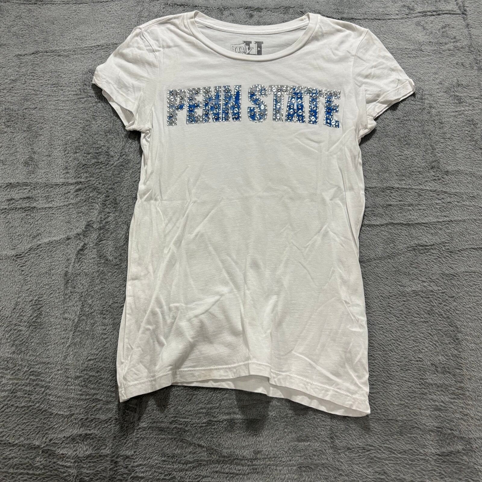 MJU Womens L White Penn State Rhinestone Graphic T-Shirt Casual Vintage Style