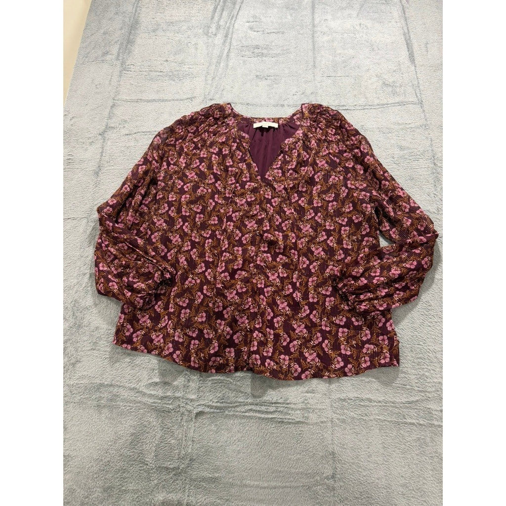 LOFT Womens XL Plum Floral Metallic Stripe Split Neck Balloon Sleeve Blouse