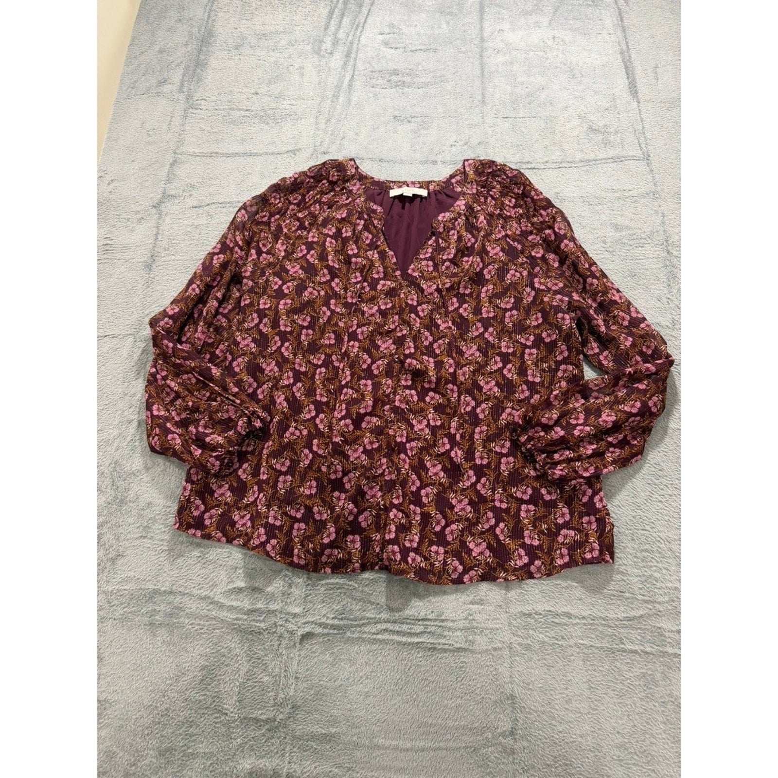 LOFT Womens XL Plum Floral Metallic Stripe Split Neck Balloon Sleeve Blouse