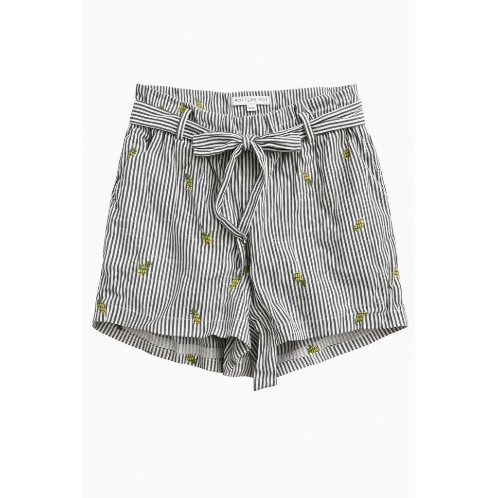 Potter's Pot Shorts Women M Stripe Pineapple Embroidered Tie Waist Summer