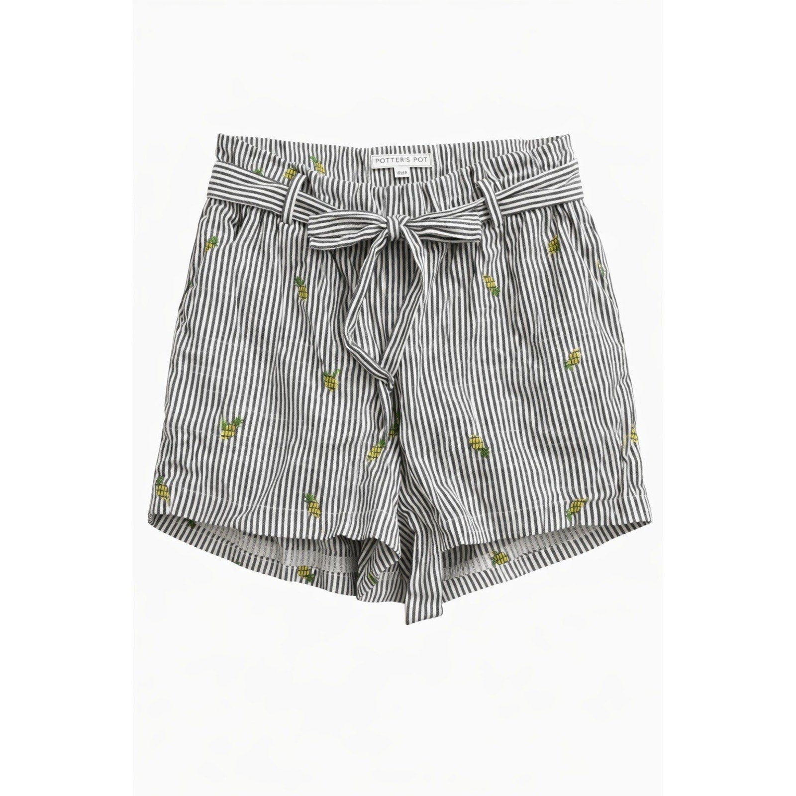 Potter's Pot Shorts Women M Stripe Pineapple Embroidered Tie Waist Summer