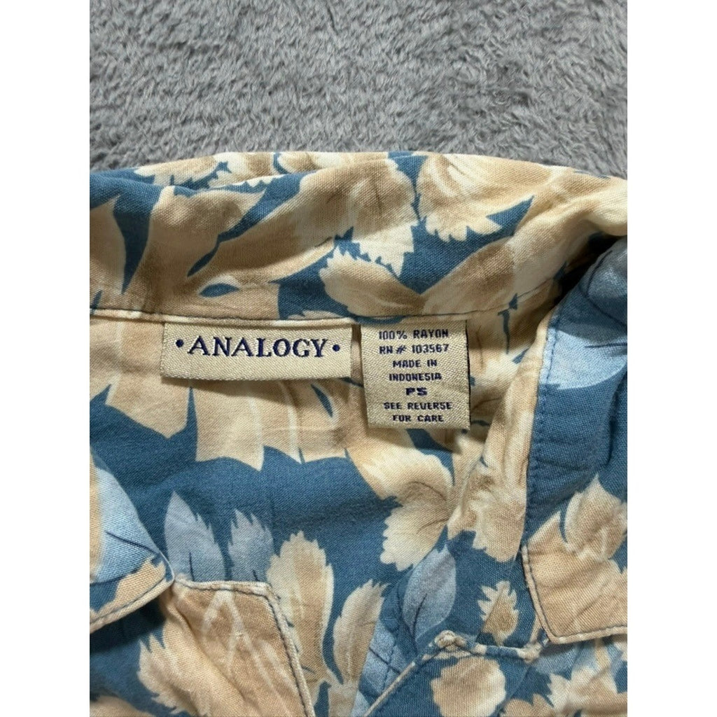 ANALOGY Button Up Shirt Womens PS Blue Beige Floral Hawaiian Tropical