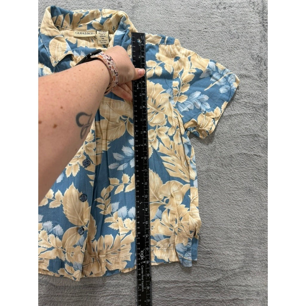 ANALOGY Button Up Shirt Womens PS Blue Beige Floral Hawaiian Tropical