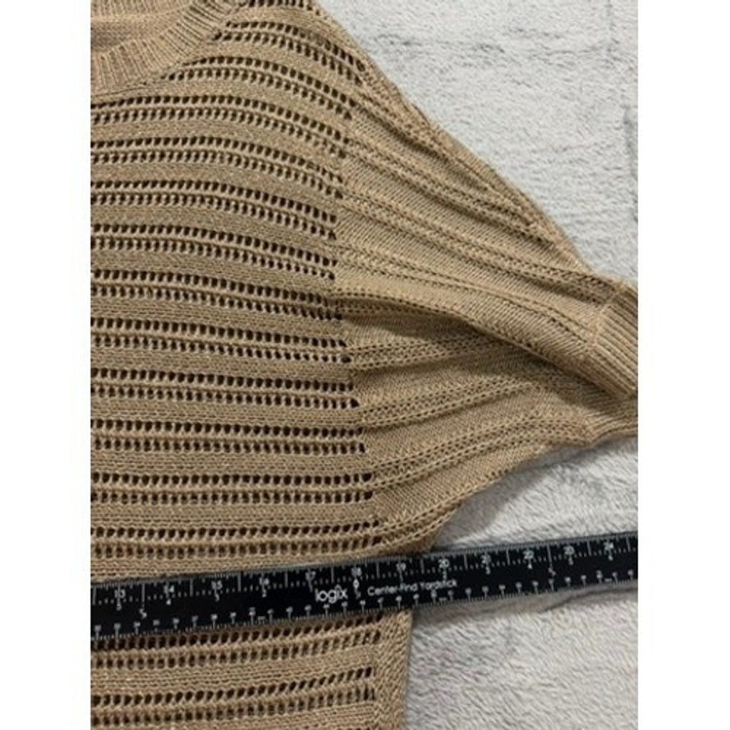 New York & Company Sweater Top Womens M Beige Open Knit Short Sleeve Metallic