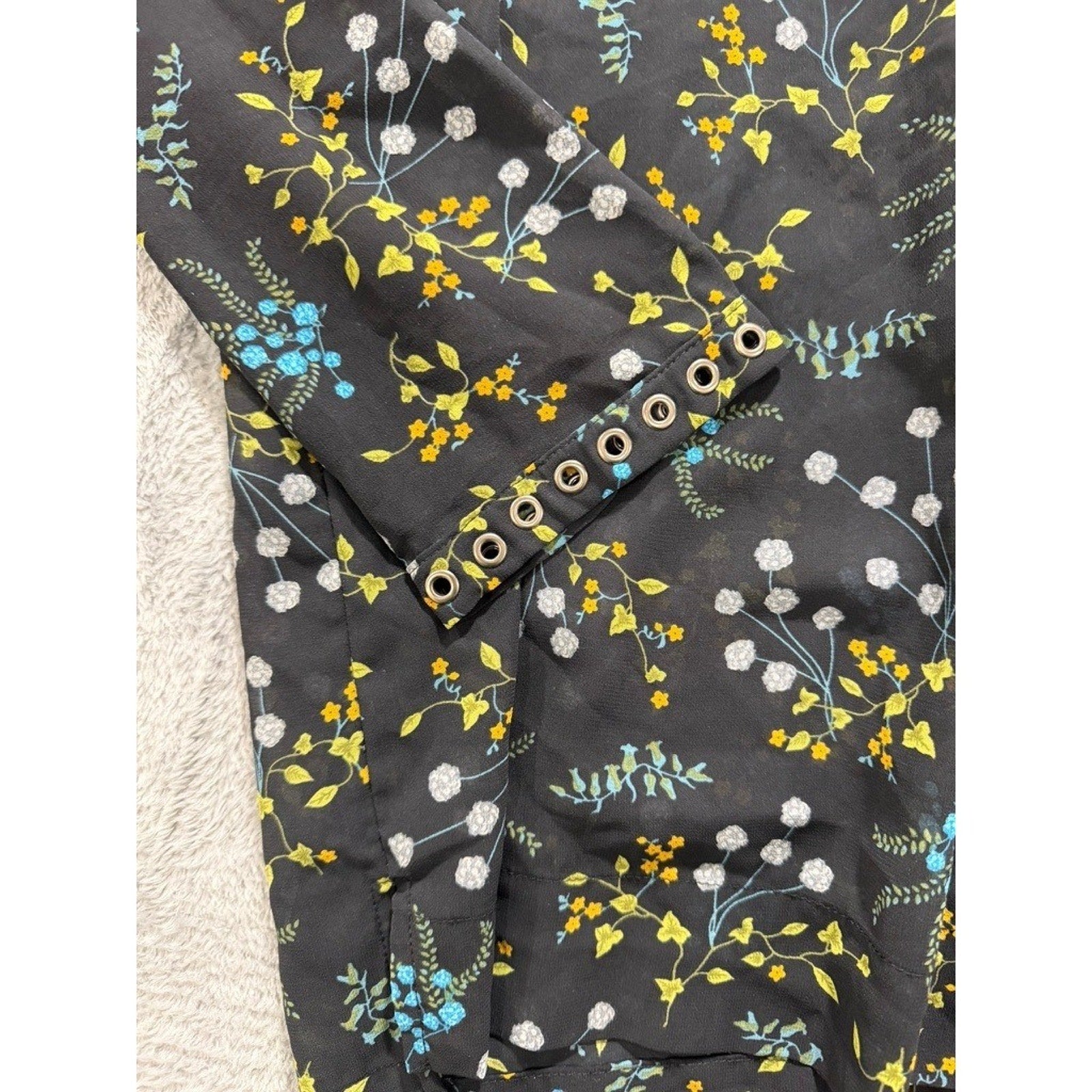 Ruff Hewn Grey Womens XL Black Floral Lace Up Grommet Long Sleeve Blouse Top