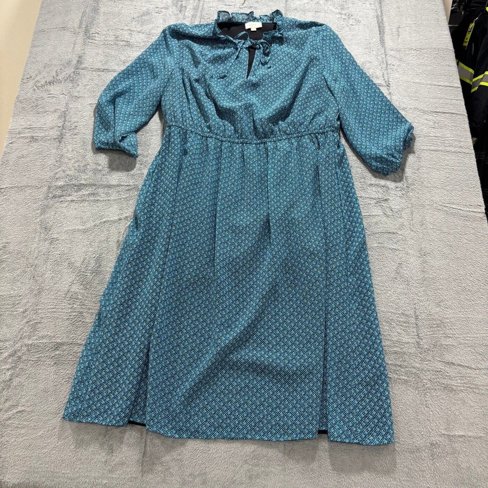 LOFT Womens XL Blue Geometric Print Ruffle Neck Midi Dress Casual Boho Preppy