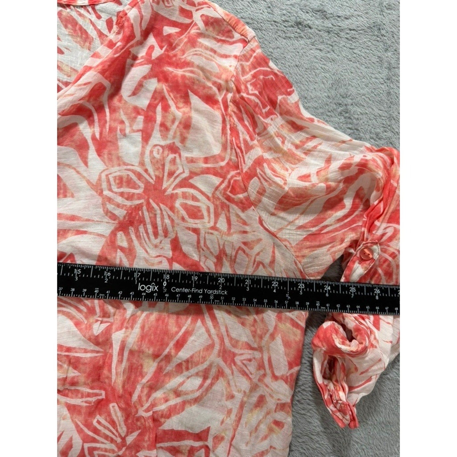 Grand & Greene Womens 1X Tropical Floral Roll Tab Sleeve High Low Blouse Orange