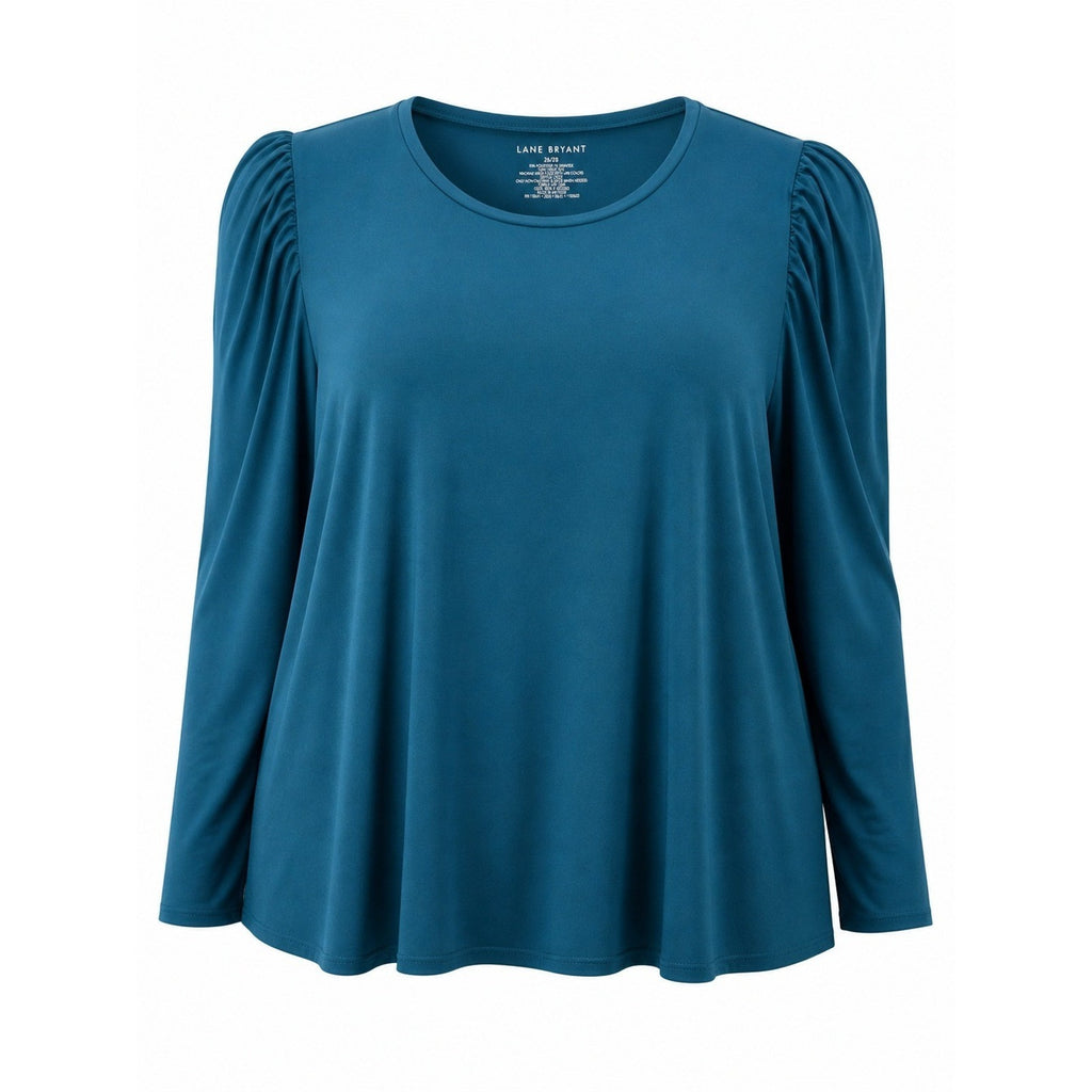 Lane Bryant Teal Blue Puff Shoulder Long Sleeve Top Plus Size 26/28 Round Neck