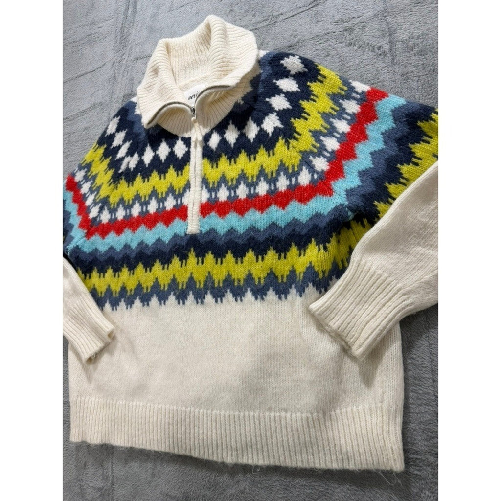 Aerie Fair Isle Sweater Womens L Oversized Nordic Quarter Zip Chunky Cozy