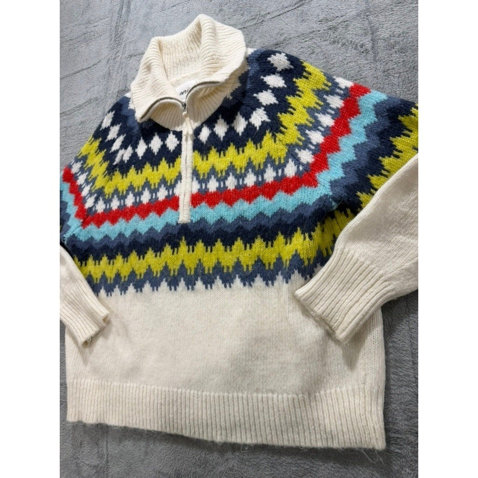 Aerie Fair Isle Sweater Womens L Oversized Nordic Quarter Zip Chunky Cozy