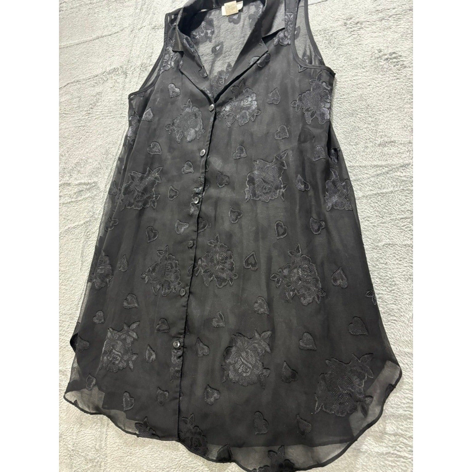 L.A. Intimates Blouse Womens Medium Black Sheer Floral Heart Button Up