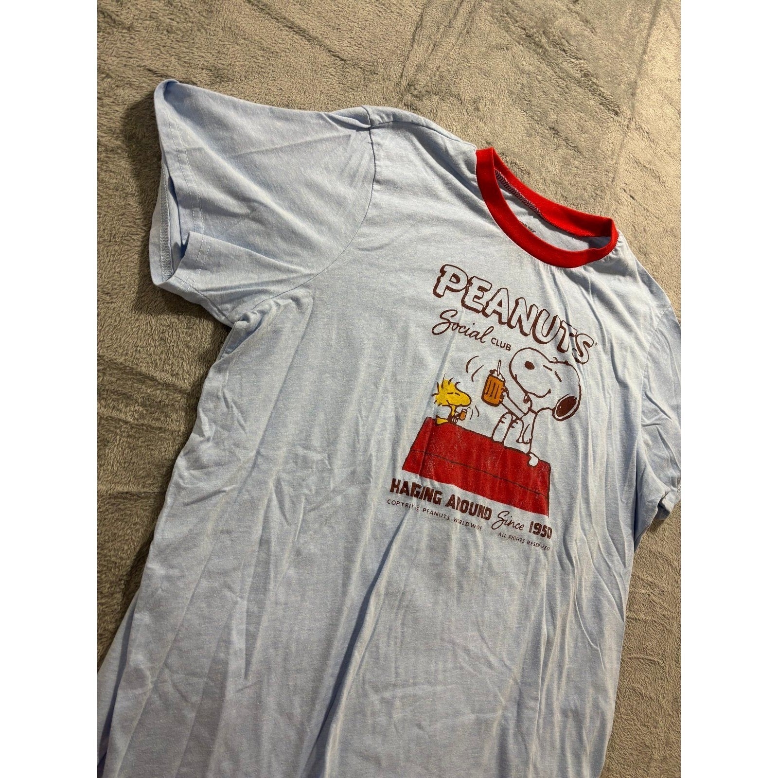 Peanuts Women XXL Lt Blue Snoopy Woodstock Ringer T-Shirt Casual Vintage Style