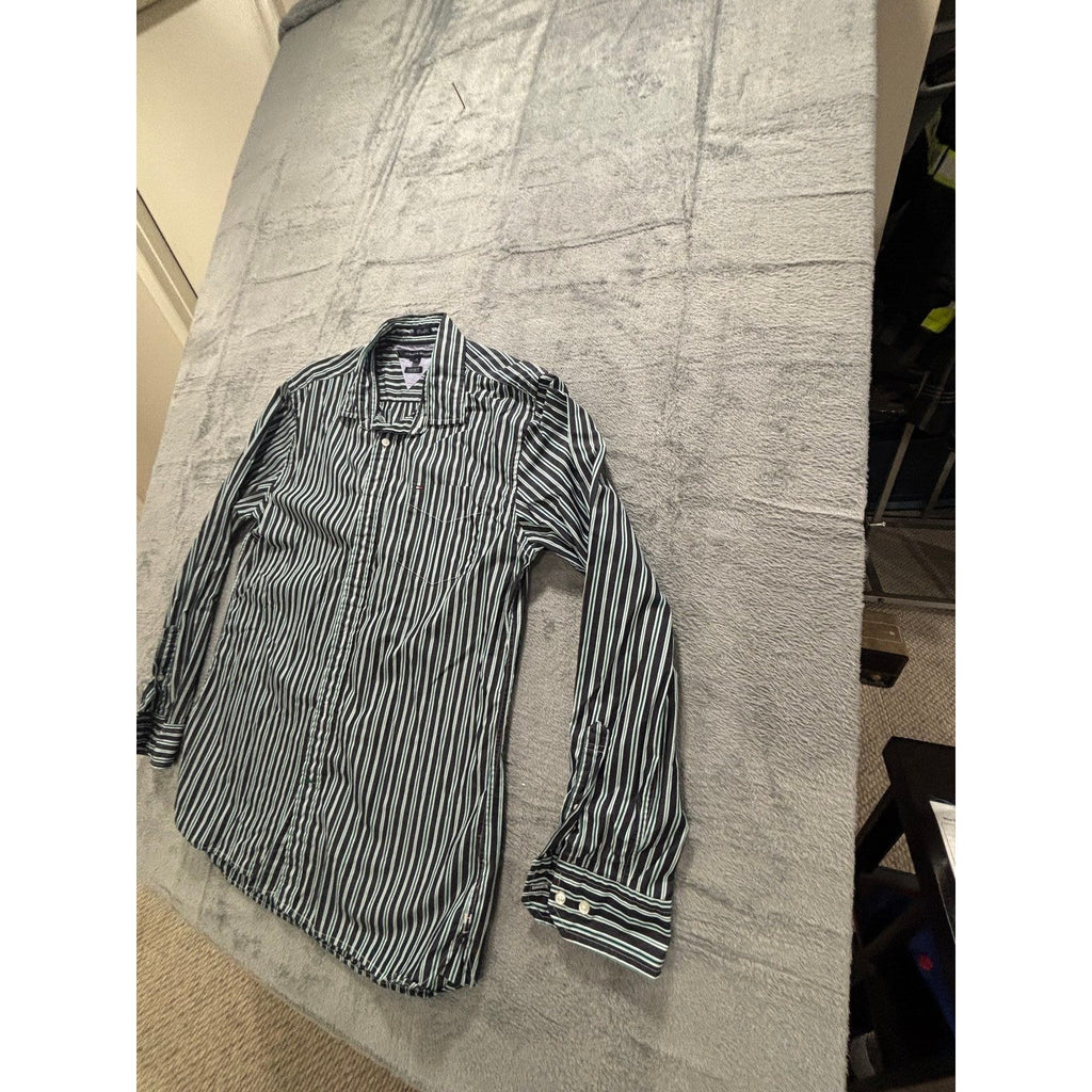 Tommy Hilfiger L Green Blue Striped Button Down Shirt Mens Custom Fit Preppy
