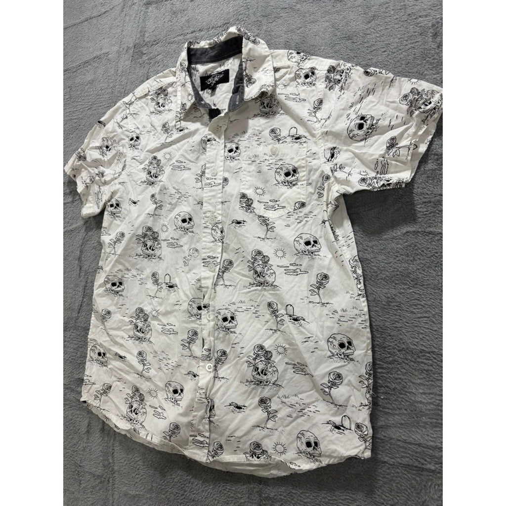 Eighty Eight Button Up Shirt Men Medium White Skull Print Cotton Short Sleeve