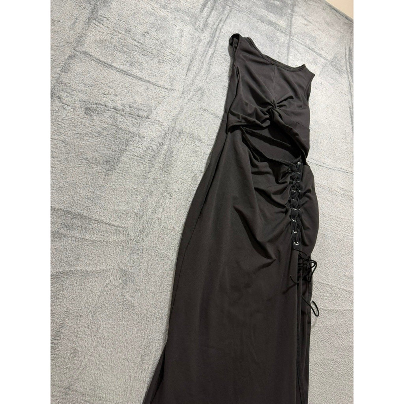 Black Twist Front Lace Up Side Cutout Slit Sleeveless Bodycon Maxi Dress