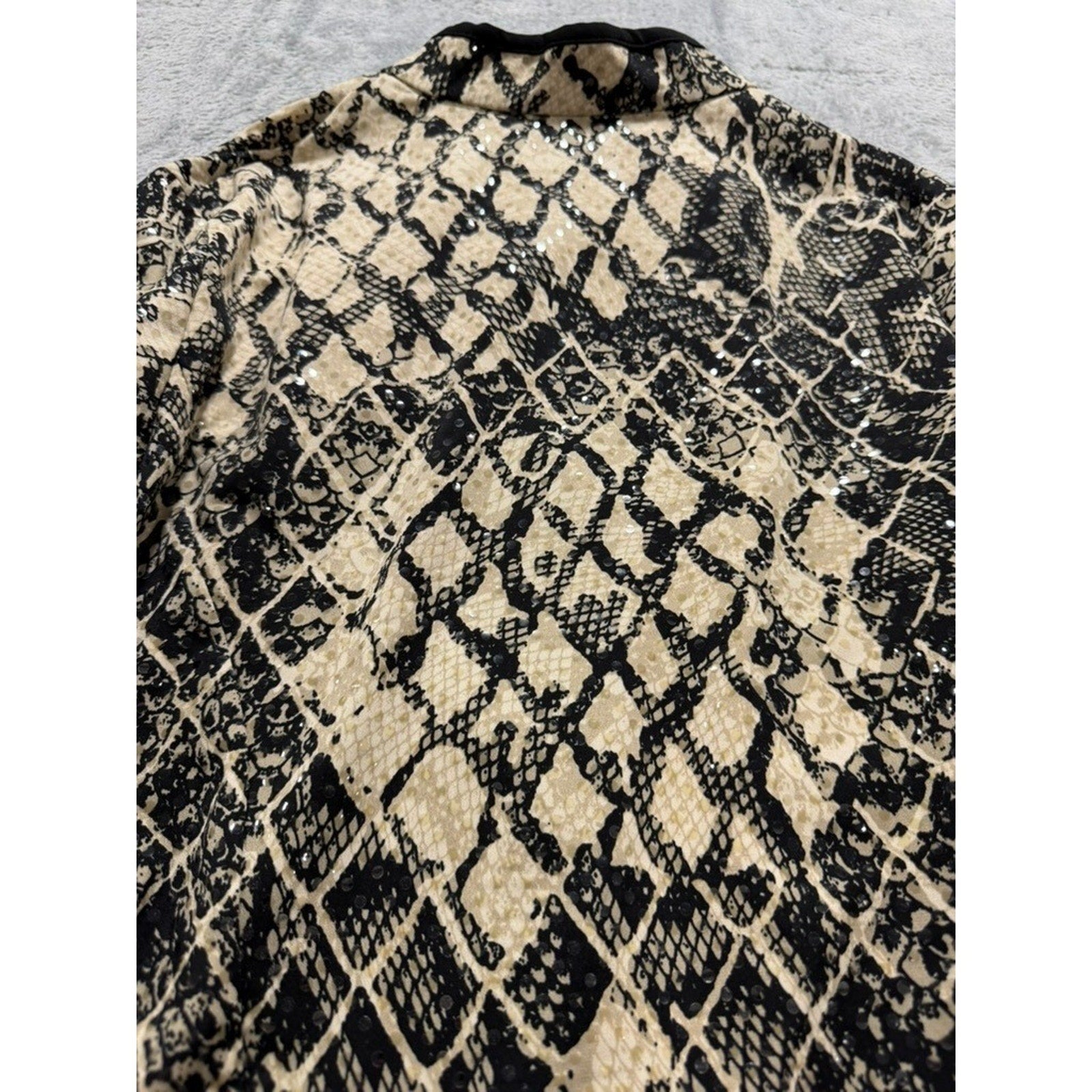 MSK Womens Snakeskin Print Sequin Zip Front Jacket Tan Black Animal Print XL