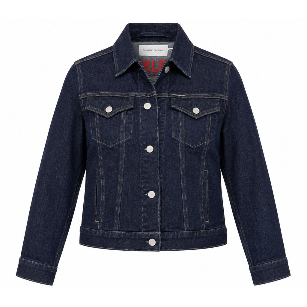 Calvin Klein Jeans Womens Small Dark Indigo Denim Trucker Jacket Red Logo Back