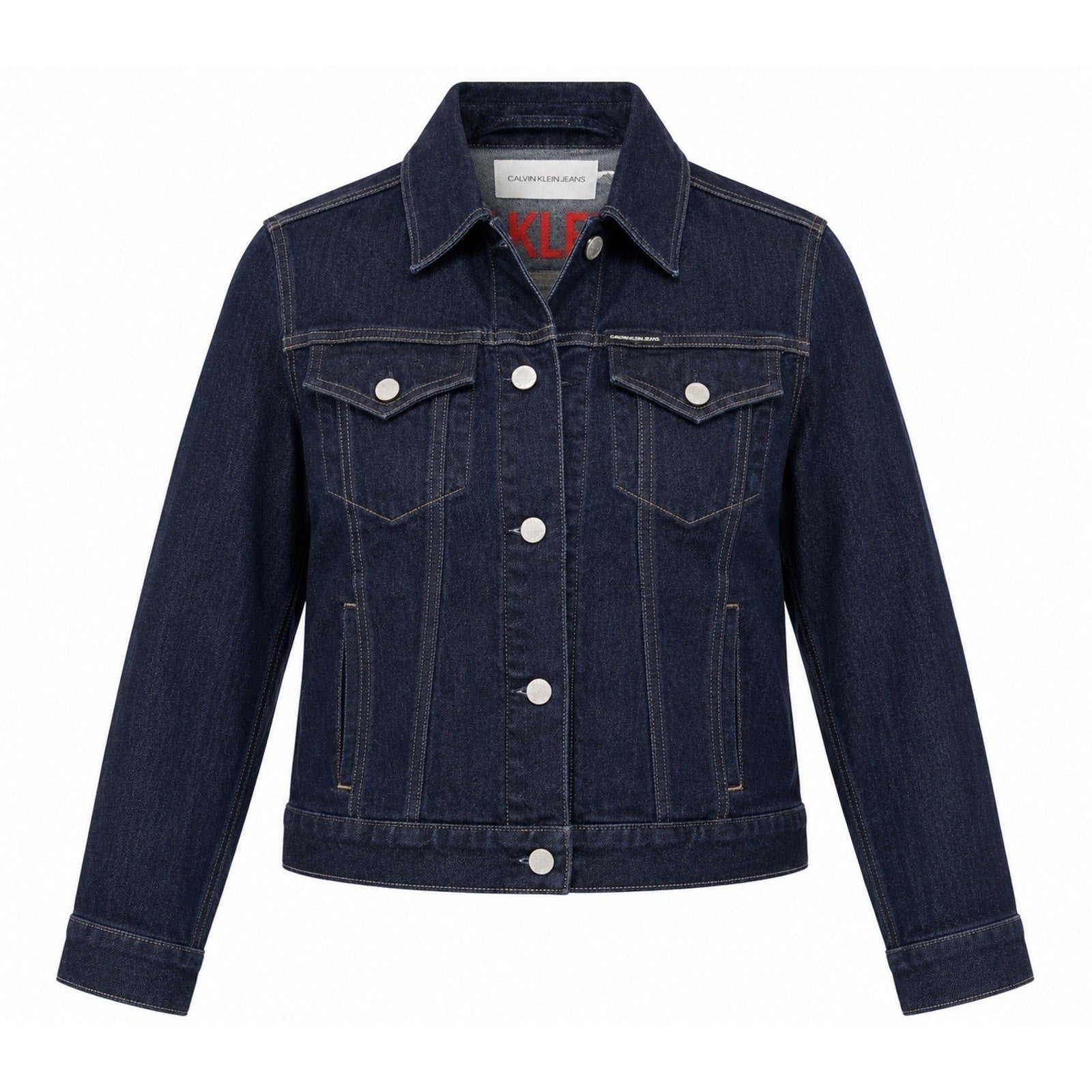 Calvin Klein Jeans Womens Small Dark Indigo Denim Trucker Jacket Red Logo Back
