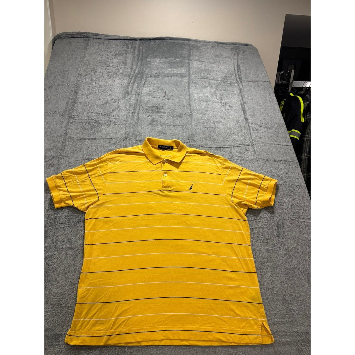 Nautica L Yellow Striped Short Sleeve Polo Shirt Mens Casual Preppy Vintage