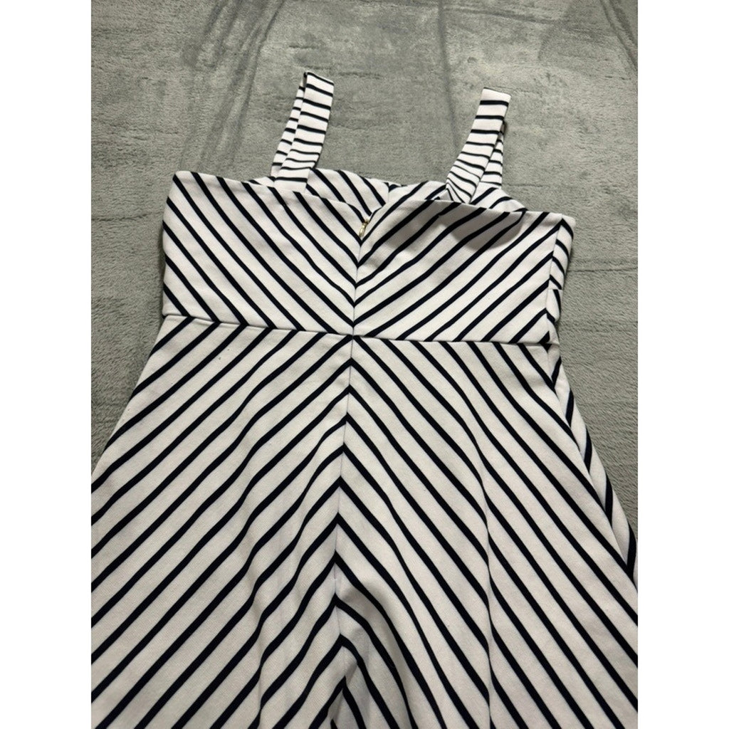 Womens Navy White Chevron Striped Fit Flare Mini Dress Square Neck Sleeveless