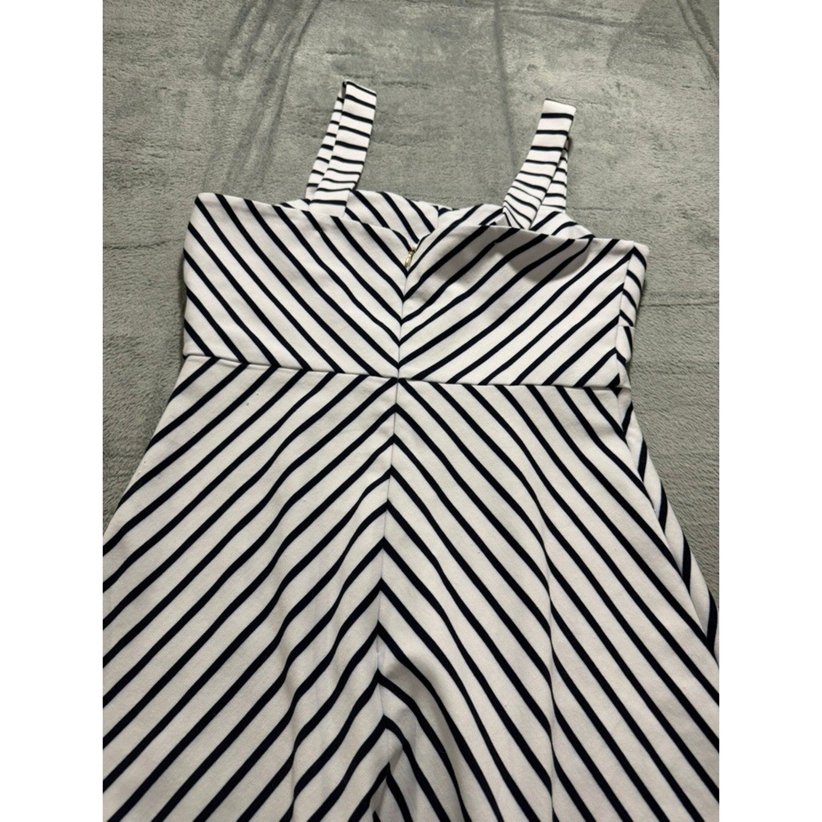 Womens Navy White Chevron Striped Fit Flare Mini Dress Square Neck Sleeveless