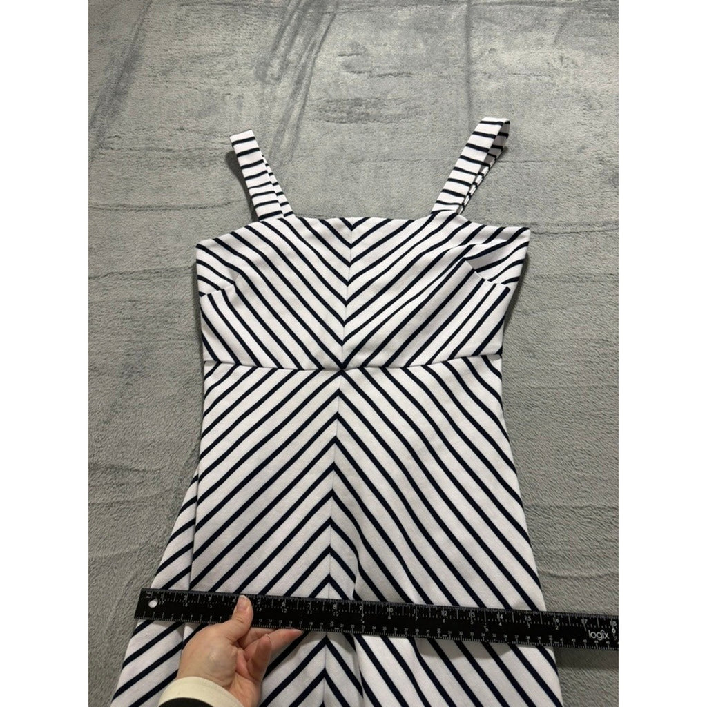 Womens Navy White Chevron Striped Fit Flare Mini Dress Square Neck Sleeveless