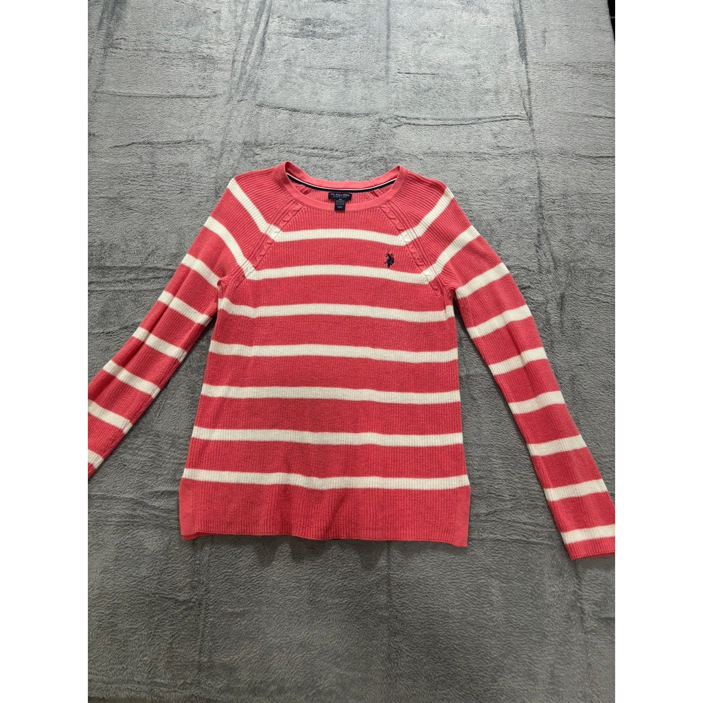 US Polo Assn Sweater Womens M Pink Stripe Knit Crewneck Logo Casual Preppy
