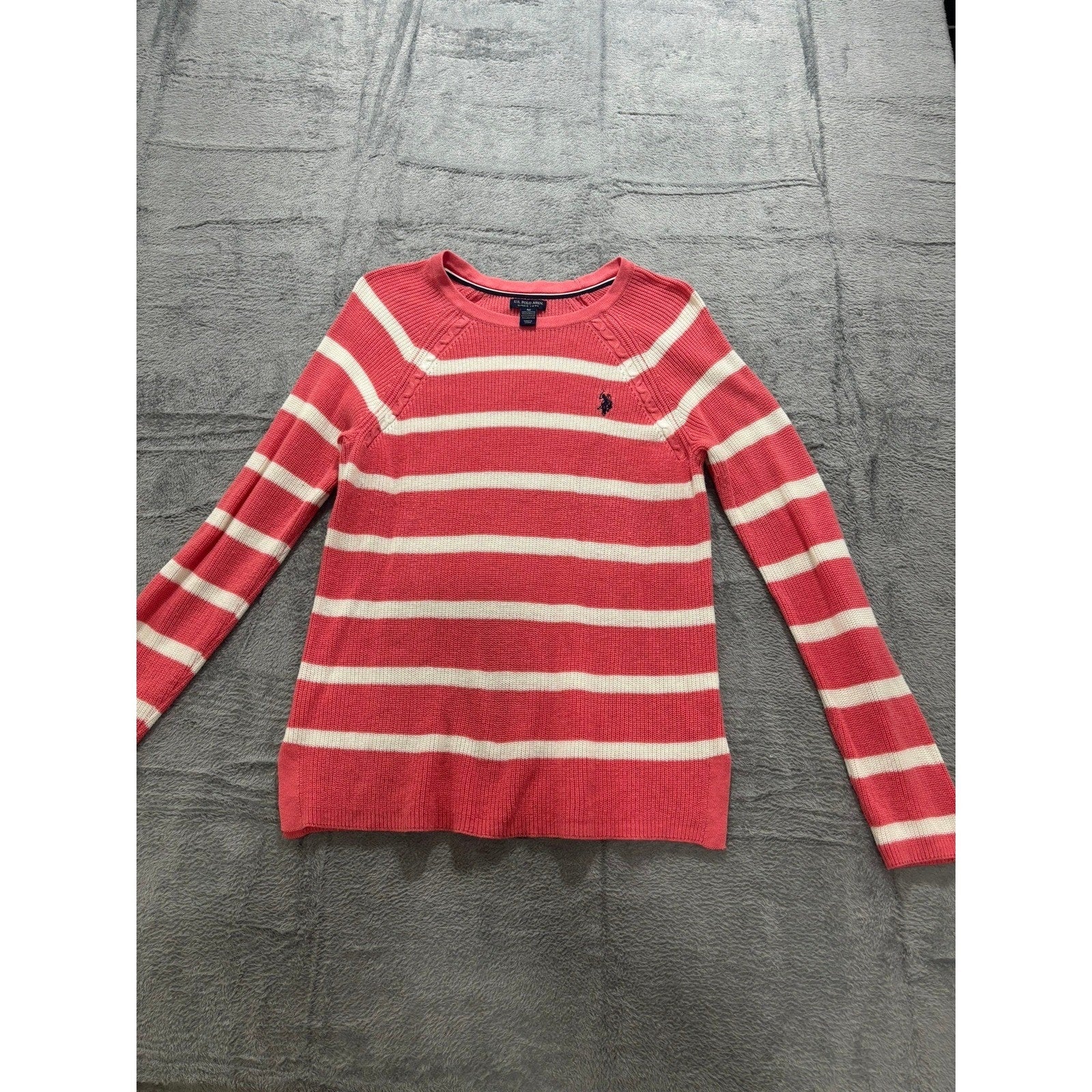 US Polo Assn Sweater Womens M Pink Stripe Knit Crewneck Logo Casual Preppy