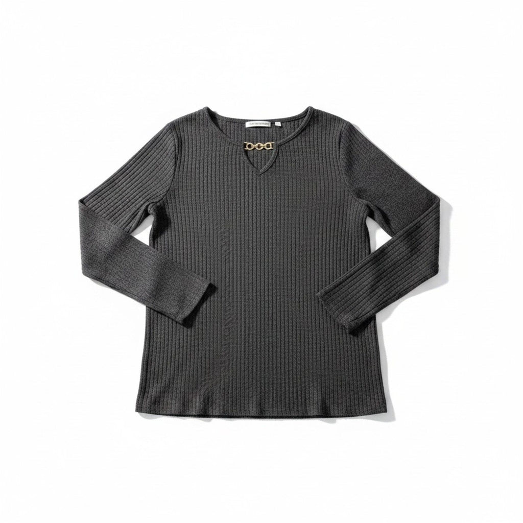 Notations Womens M Charcoal Gray Ribbed Long Sleeve Top Gold Chain Casual Preppy