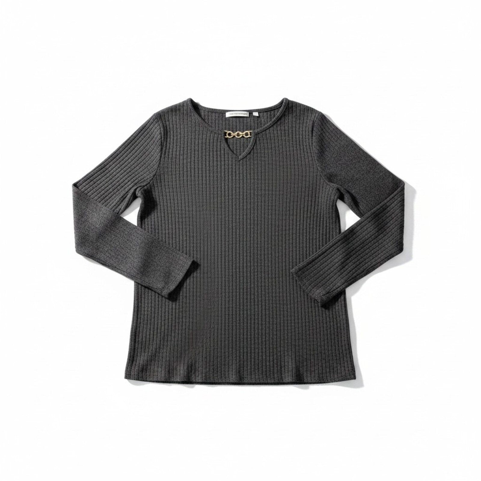 Notations Womens M Charcoal Gray Ribbed Long Sleeve Top Gold Chain Casual Preppy