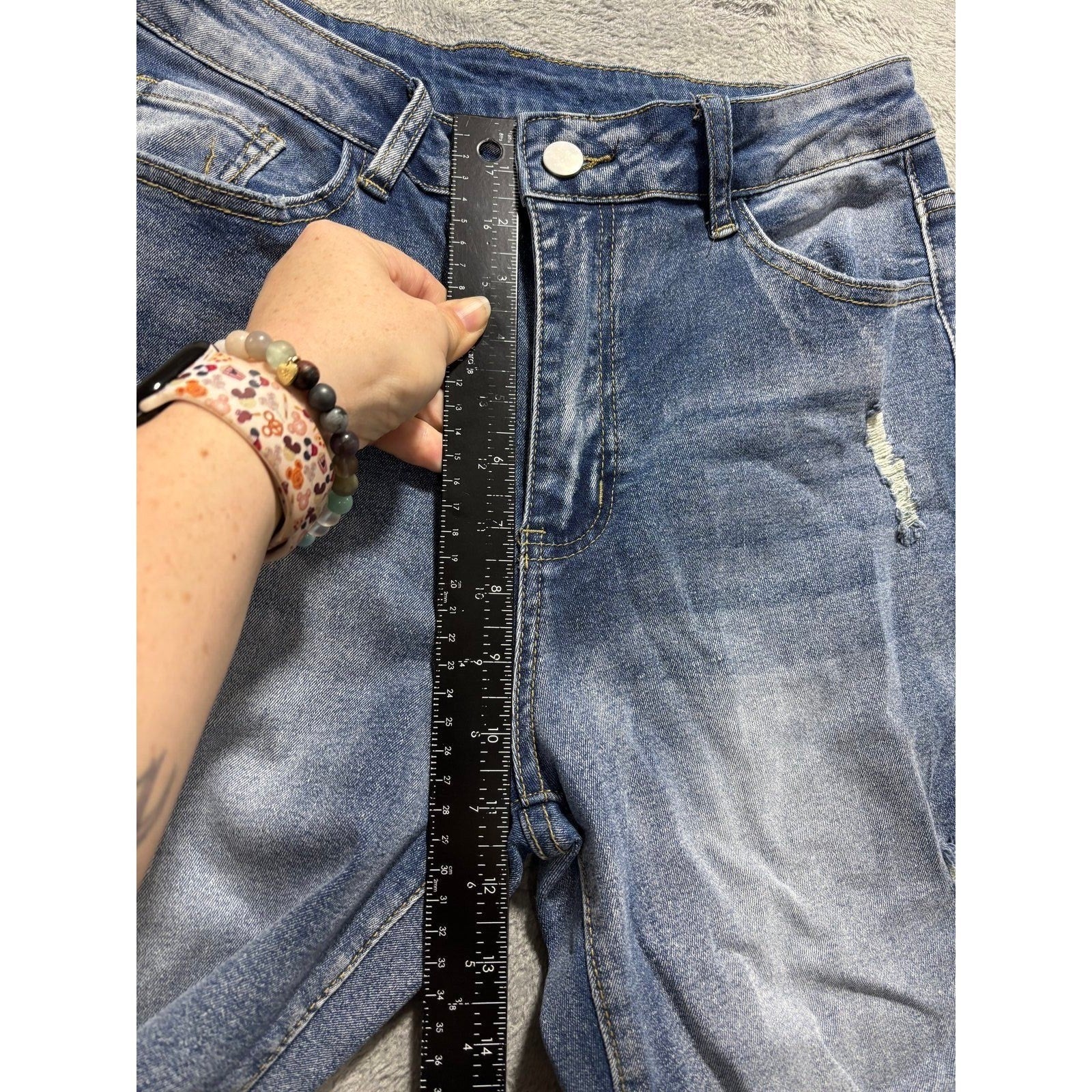 Womens L Blue Distressed Straight Leg Jeans Boho Casual Denim