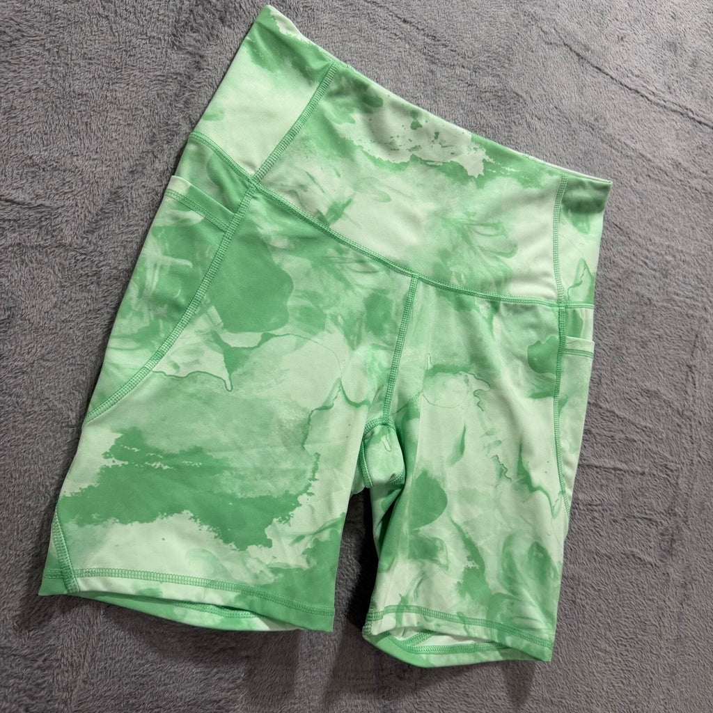 All in Motion L Green Womens Biker Shorts Athleisure Casual Marble Print Pocket