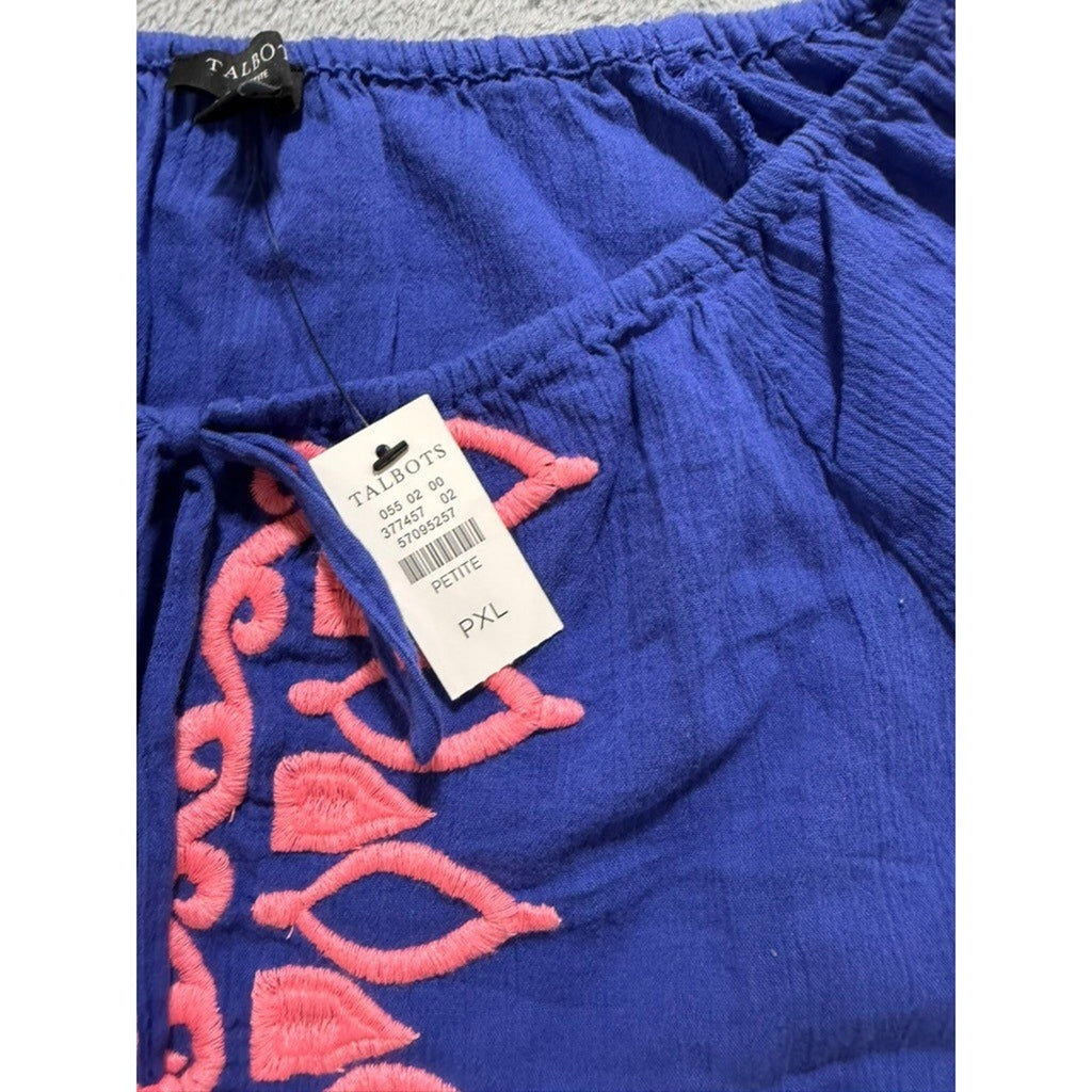 Talbots Petite XL P Blue Coral Embroidered Tassel Peasant Blouse NWT 57095257