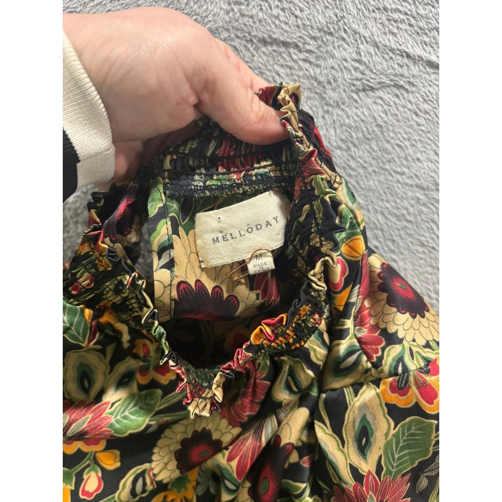 MelloDay Blouse Womens M Floral Boho Smocked Neck Long Sleeve Lightweight Office