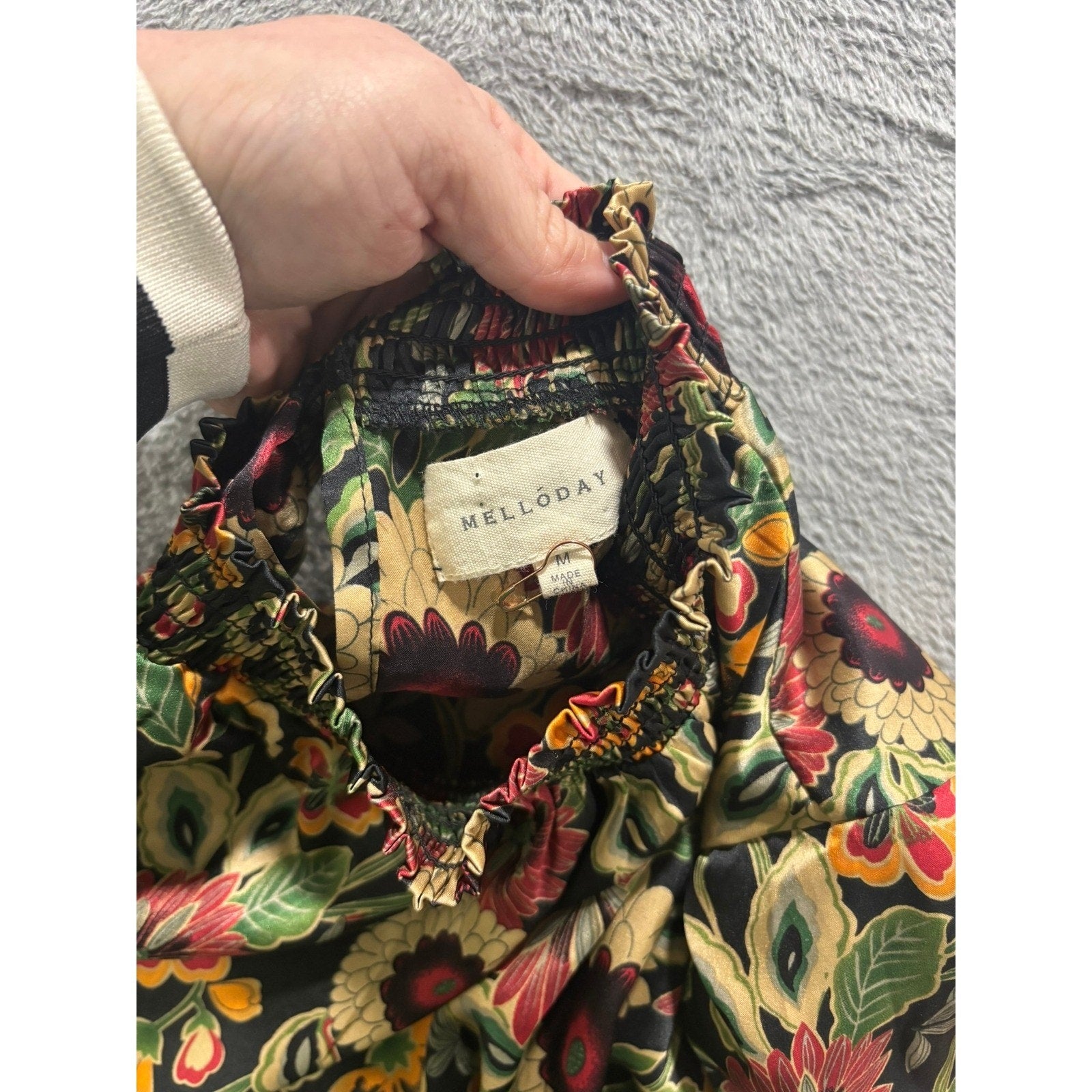 MelloDay Blouse Womens M Floral Boho Smocked Neck Long Sleeve Lightweight Office