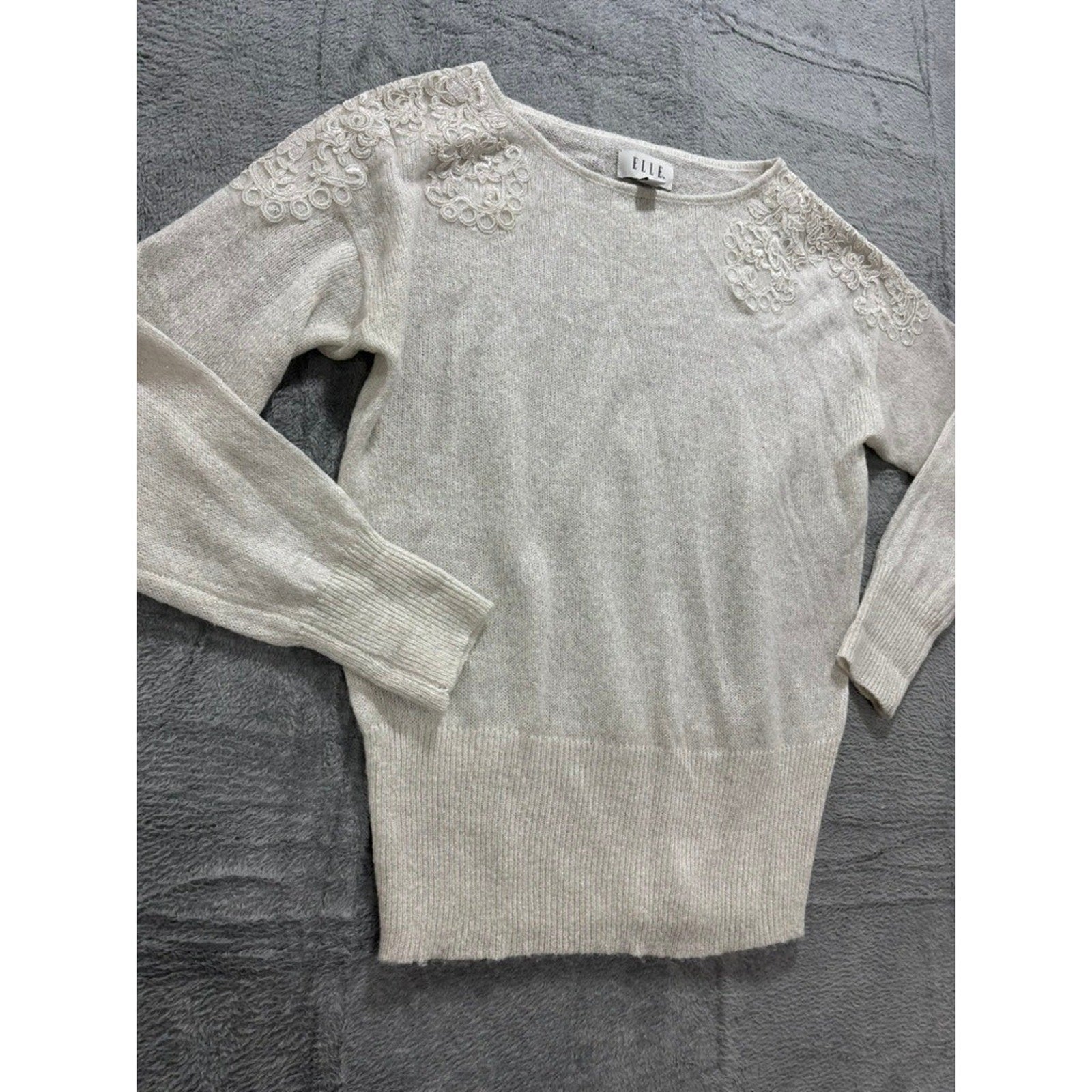 ELLE Sweater Womens Small Cream Lace Shoulder Knit Lightweight Classic