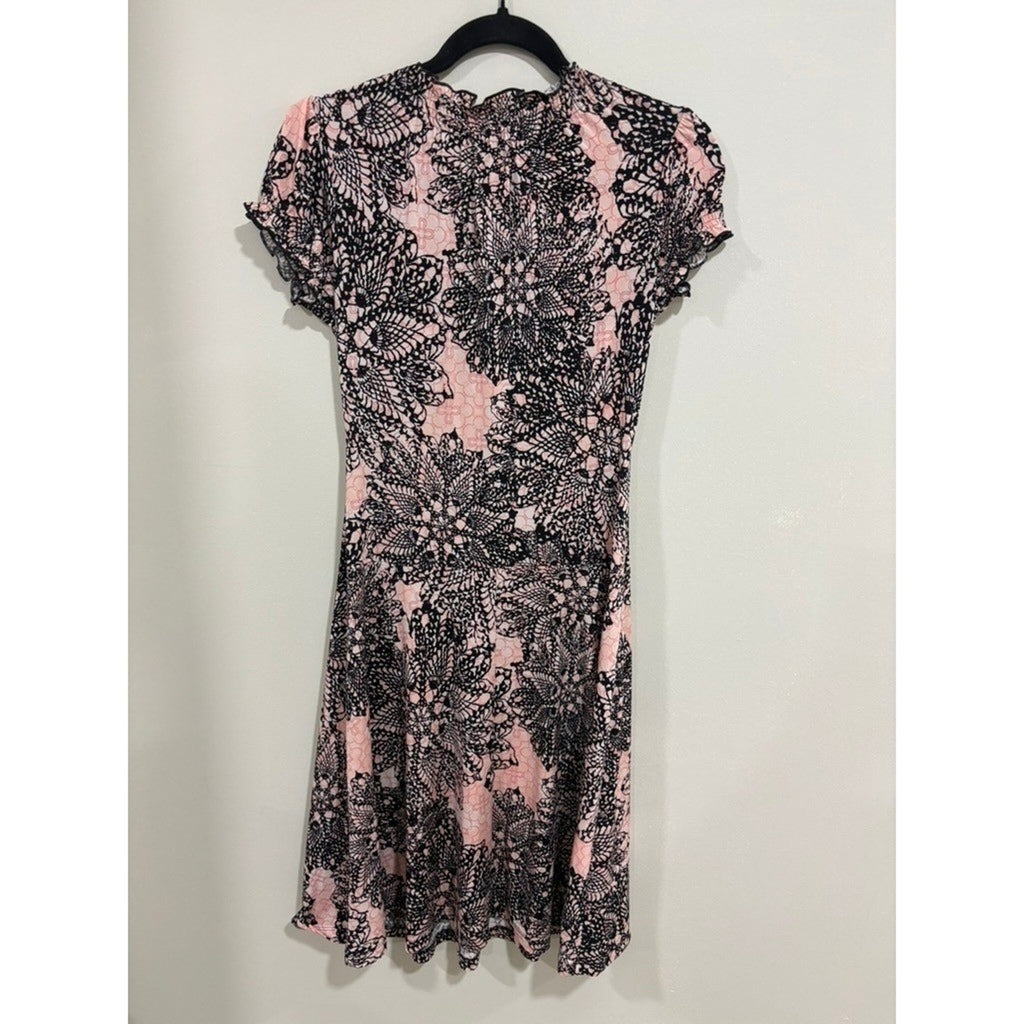 Connected Pink Black Lace Print Sheath Dress Ruched Stretch 4 Chic y2k Babydoll