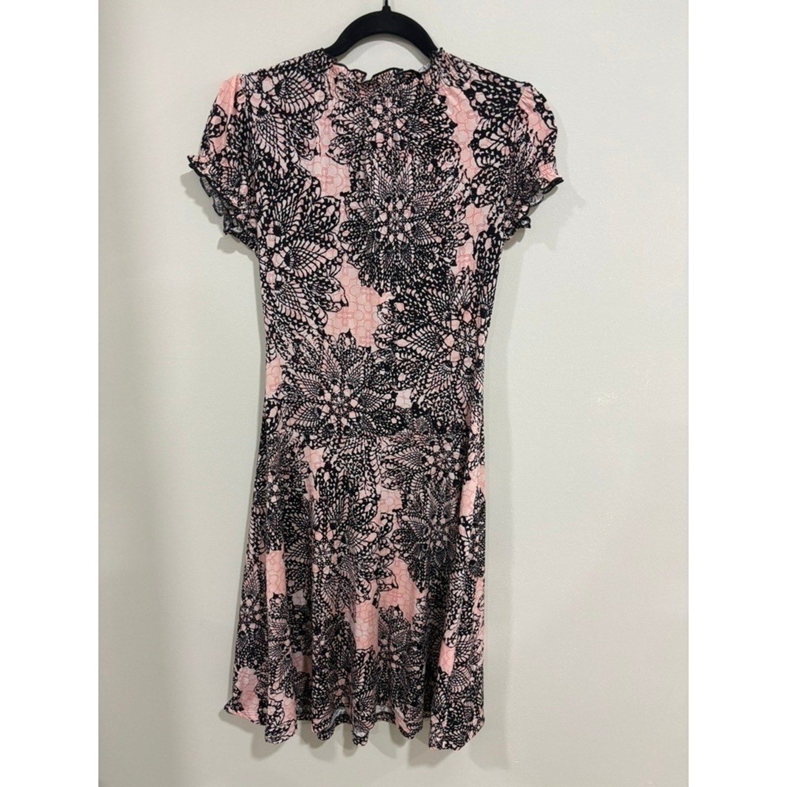 Connected Pink Black Lace Print Sheath Dress Ruched Stretch 4 Chic y2k Babydoll