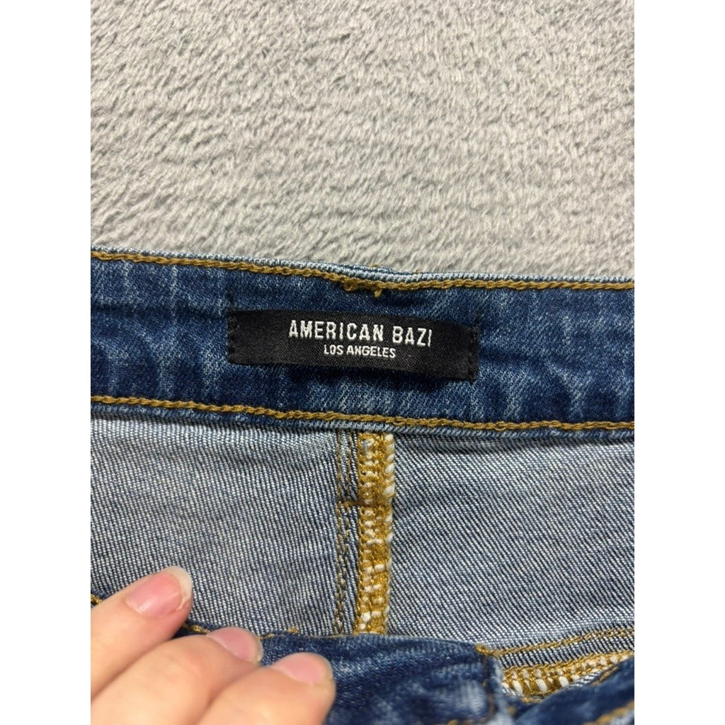 American Bazi Plus 2X Dark Wash Distressed Denim Shorts Frayed Hem Stretch