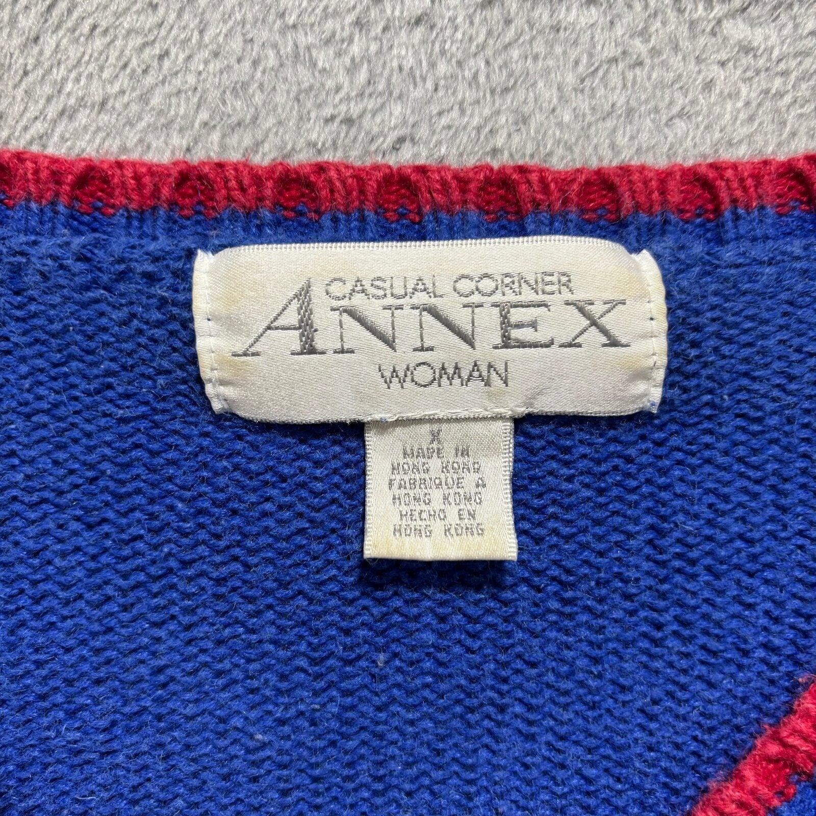 Casual Corner Annex Womens 1X Blue Fair Isle V-Neck Sweater Vintage Boho Cotton