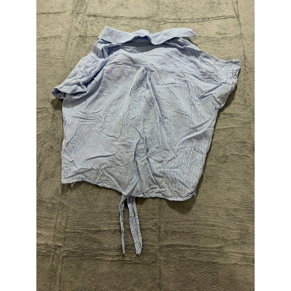 Emily Daniels Button Up Top Womens L Blue White Stripe Tie Front Casual