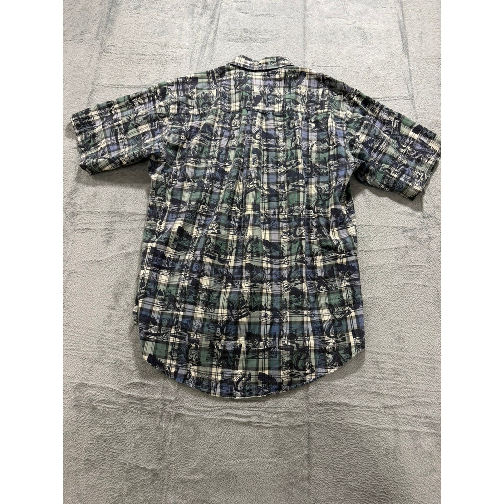 Woolrich Mens Large Blue Green Plaid Fishing Graphic Short Sleeve Button Shirt