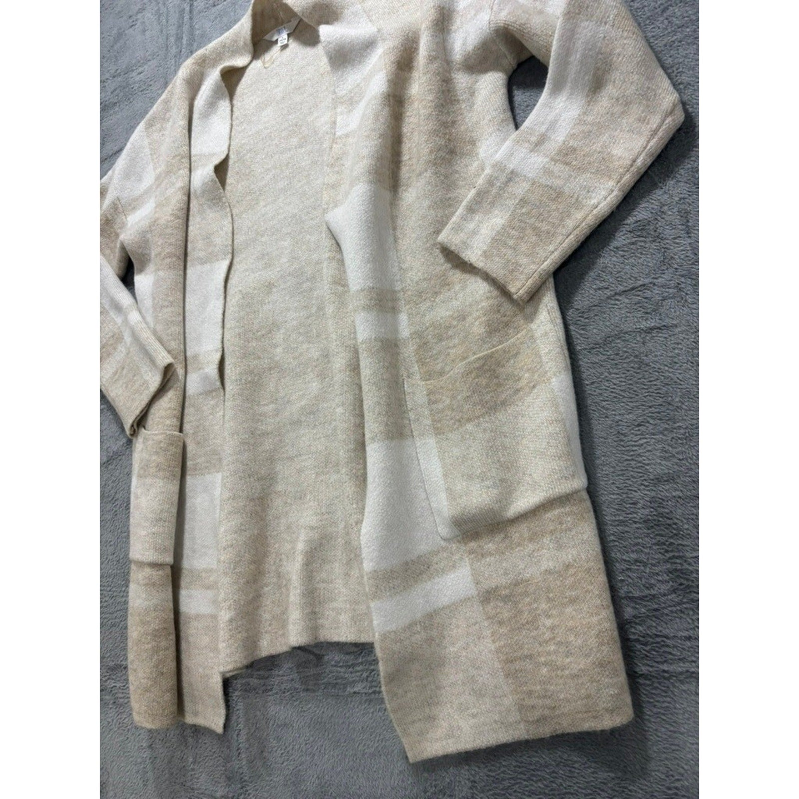 Time and Tru Womens Plaid Open Front Cardigan Sweater Oatmeal White L 12-14