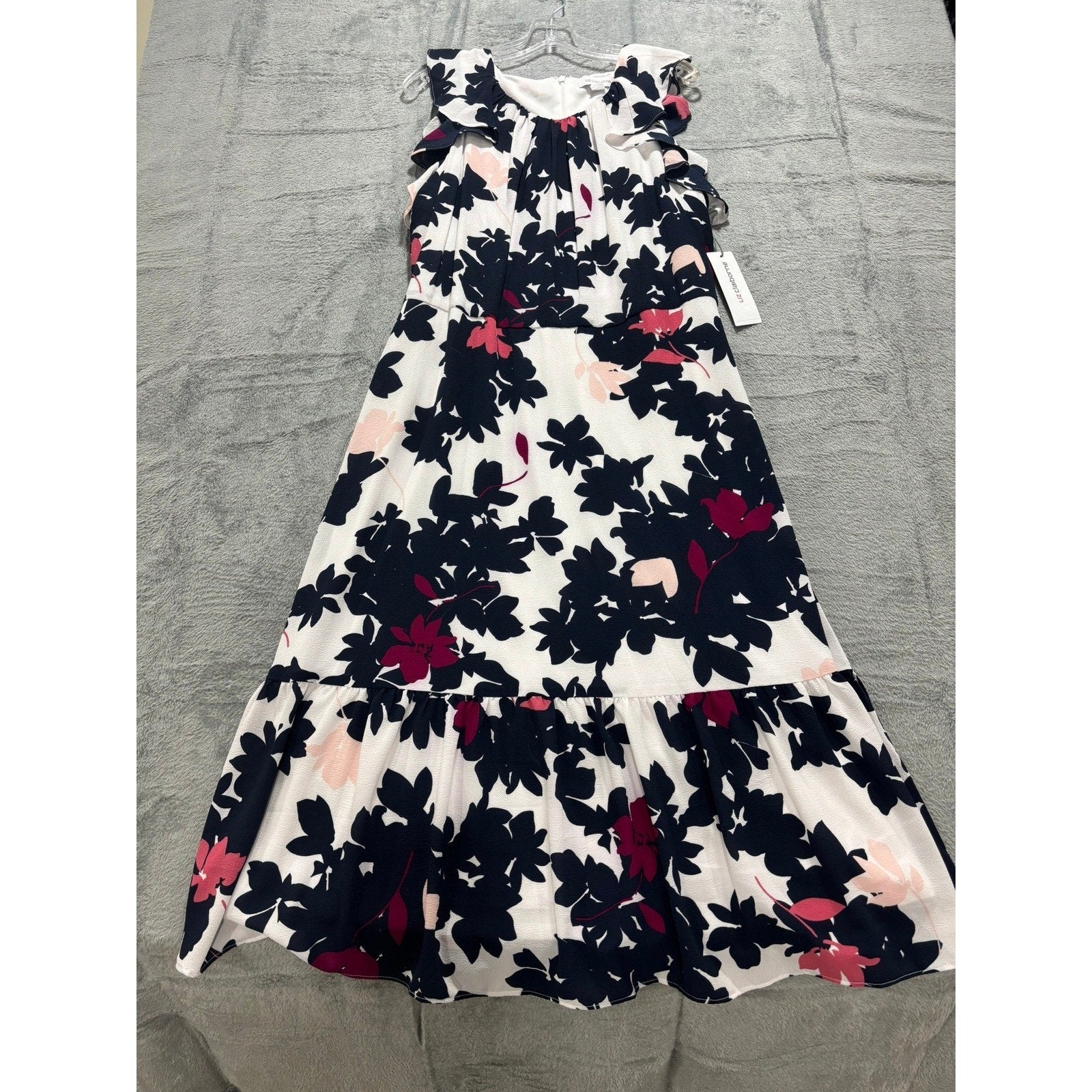 Liz Claiborne Womens 18 White Floral Ruffle Tiered Midi Dress Navy Pink NWT