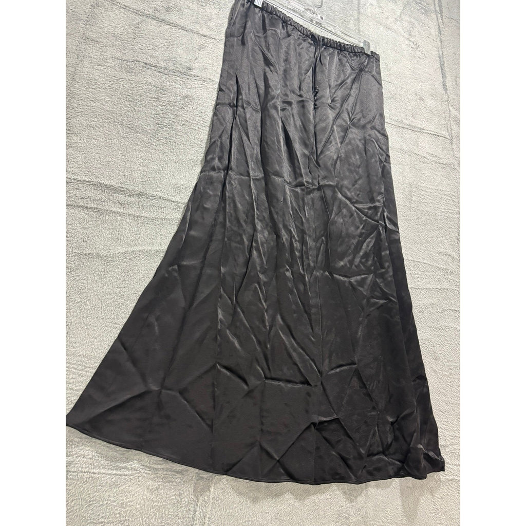 Zara Black Satin A-Line Maxi Skirt Drawstring Waist Size M NEW